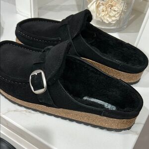 Birkenstock Black Suede Slip-On Clogs with Buckle